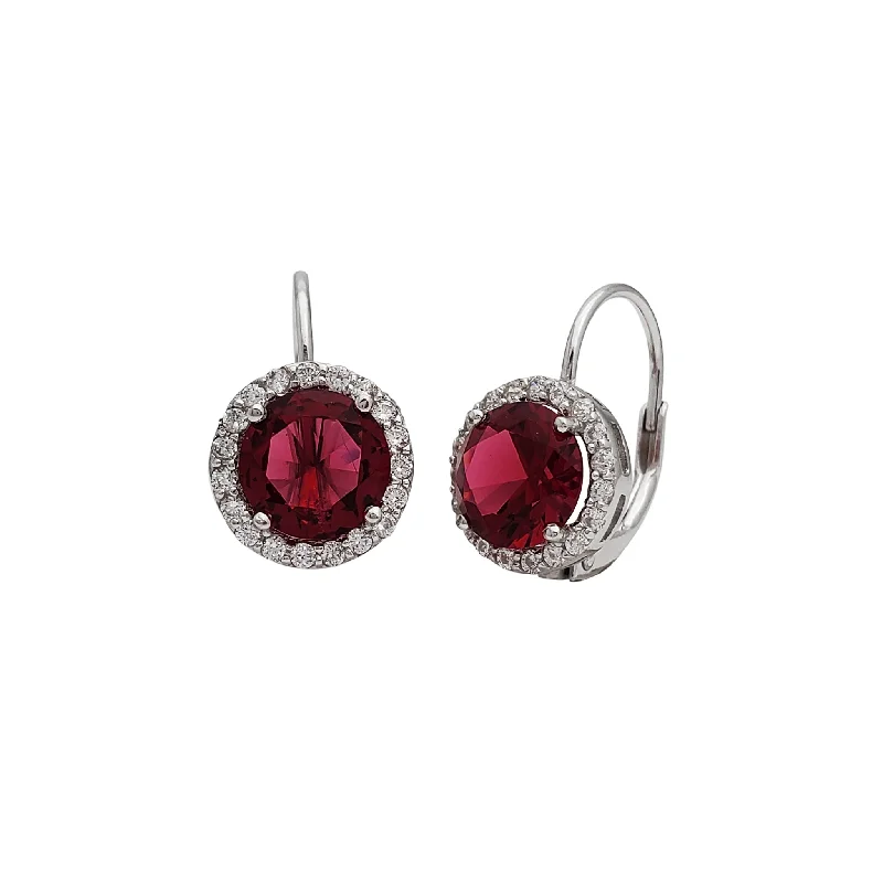 small earrings for women-Zirconia Halo Red-Stone Huggie Earrings (Silver)