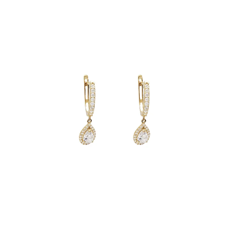 luxury gemstone earrings for women-Hanging Drop CZ Huggie Earrings (14K)