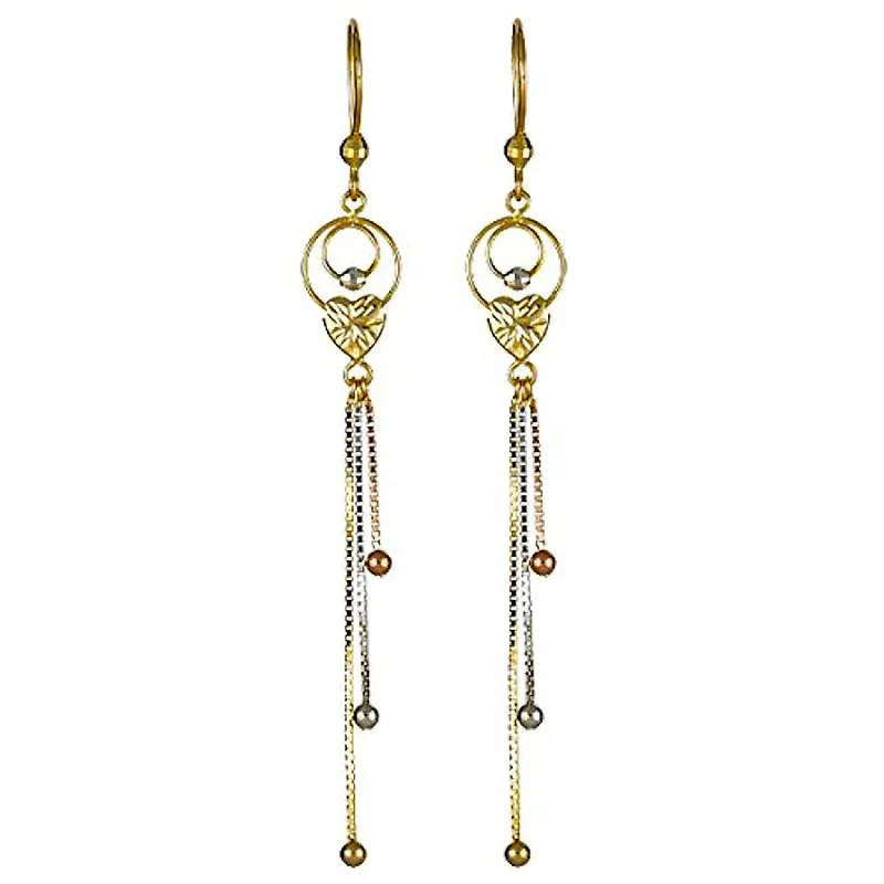 dainty earrings for women-Tricolor Heart Dangling Earrings (14K)