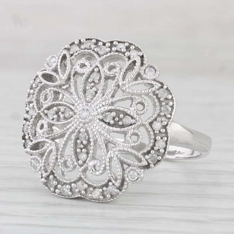 gold diamond engagement rings for women-0.23ctw Diamond Flower Filigree Ring 14k White Gold Size 9 Cocktail