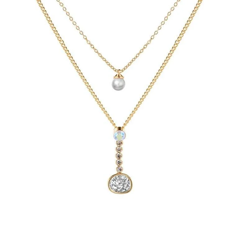 diamond pendant necklace for women-Layered Necklace with Druzy Stone and Cubic Zirconia Pendant