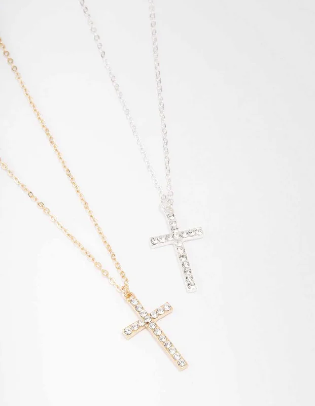 dainty necklace for women-Mixed Metal Diamante Cross Necklace Pack