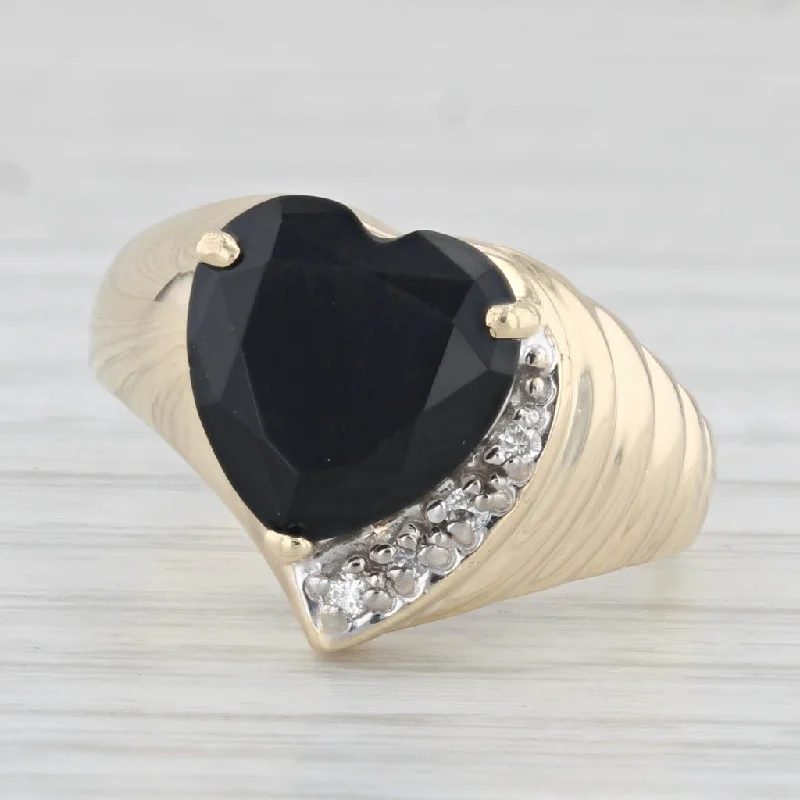 simple engagement rings for women-Onyx Heart Ring 14k Yellow Gold Size 7 Diamond Accents