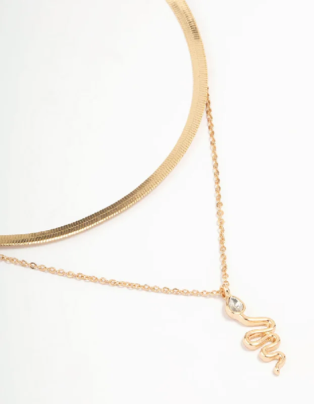 angel wing necklace for women-Gold Snake Layered Necklace