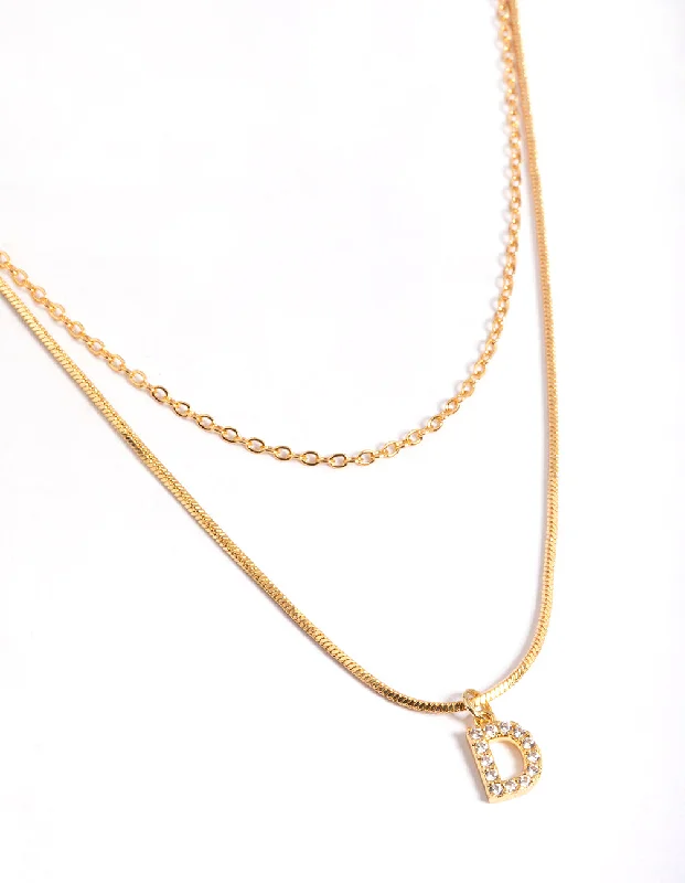 engraved pendant necklace for women-Letter D Gold Plated Layered Diamante Initial Necklace