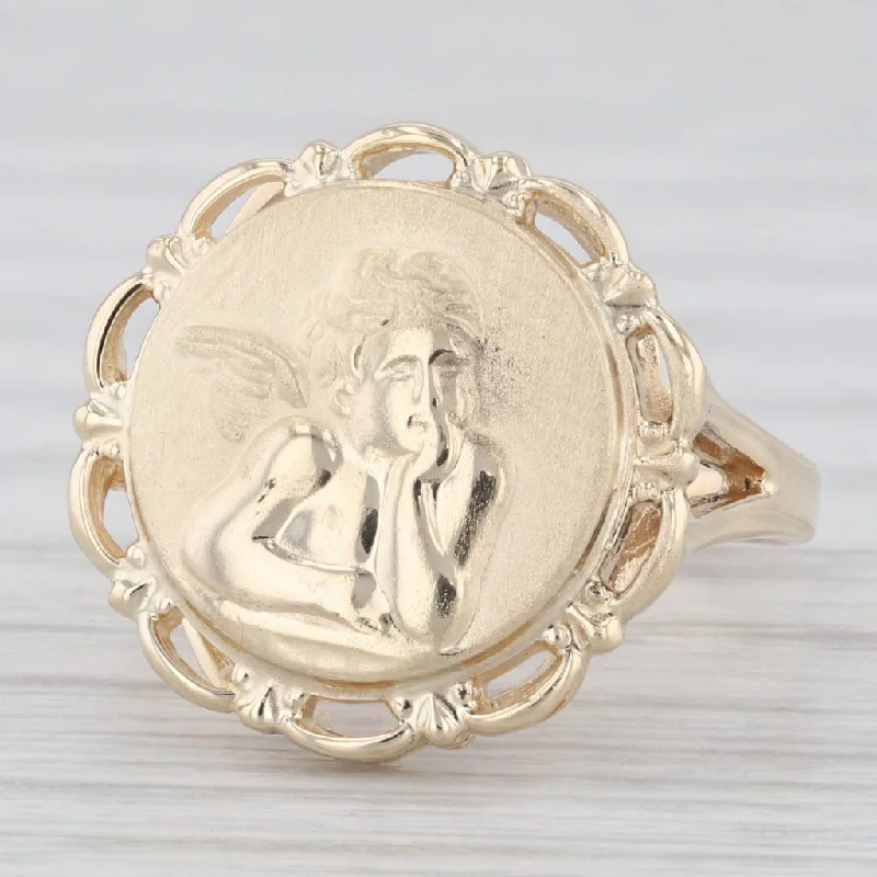 unique diamond engagement rings for women-Cherub Guardian Angel Ring 14k Yellow Gold Size 5.25 Coin Signet Style