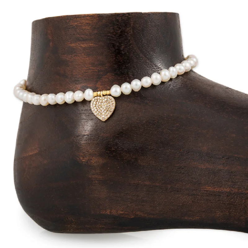 gemstone bracelet for women-PAVE HEART CHARM PEARL BEADED ANKLET