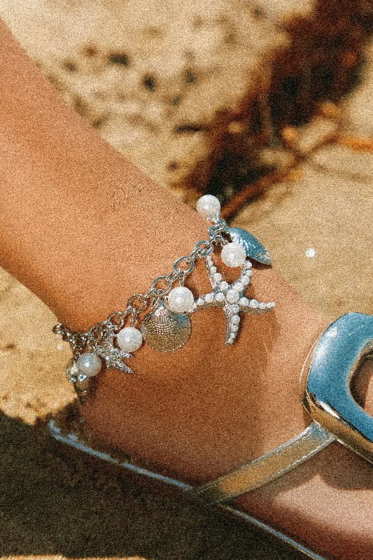 stackable bracelet for women-Island Girl Sea Shell and Starfish Charm Anklet - Silver