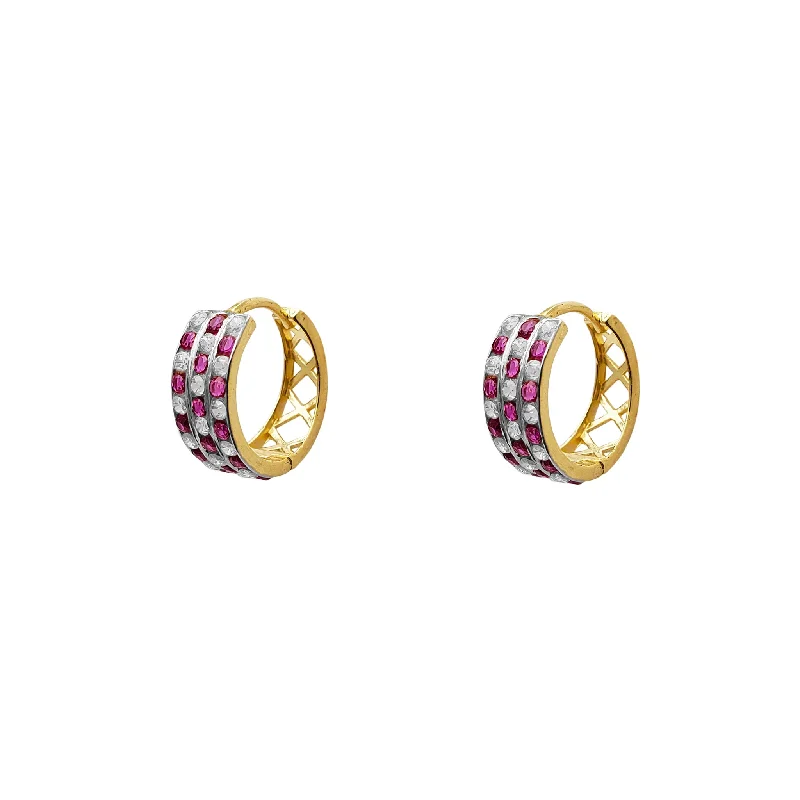 rose gold earrings for women-Two-Tone Pave Checkered Huggie Earrings (14K)