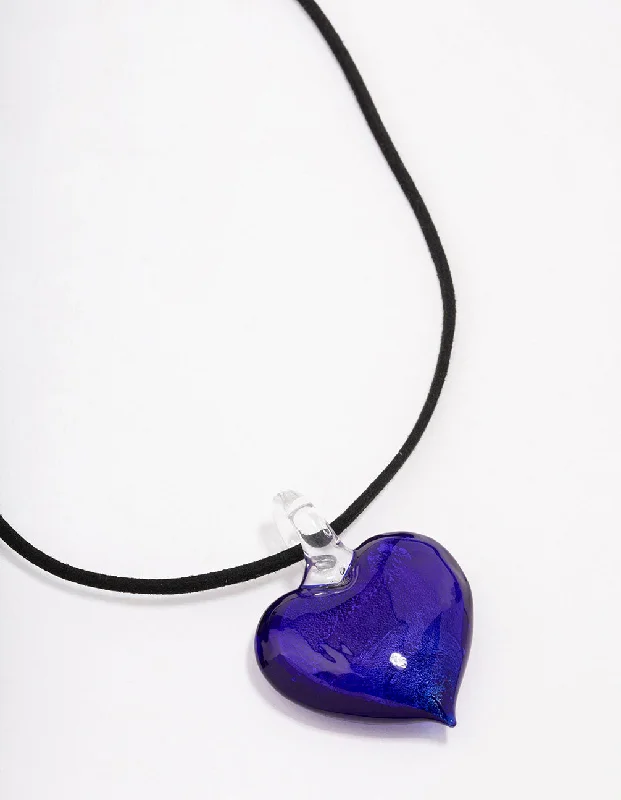 small pendant necklace for women-Navy Puffy Love Heart Cord Necklace