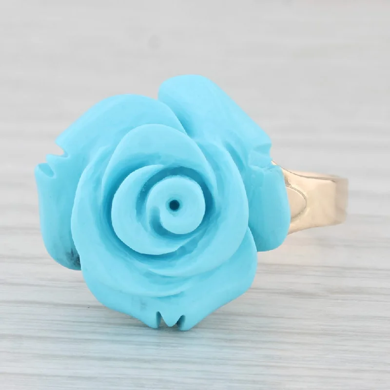 engagement rings with large stones for women-Imitation Carved Turquoise Flower Ring 14k Yellow Gold Size 7.5 Statement