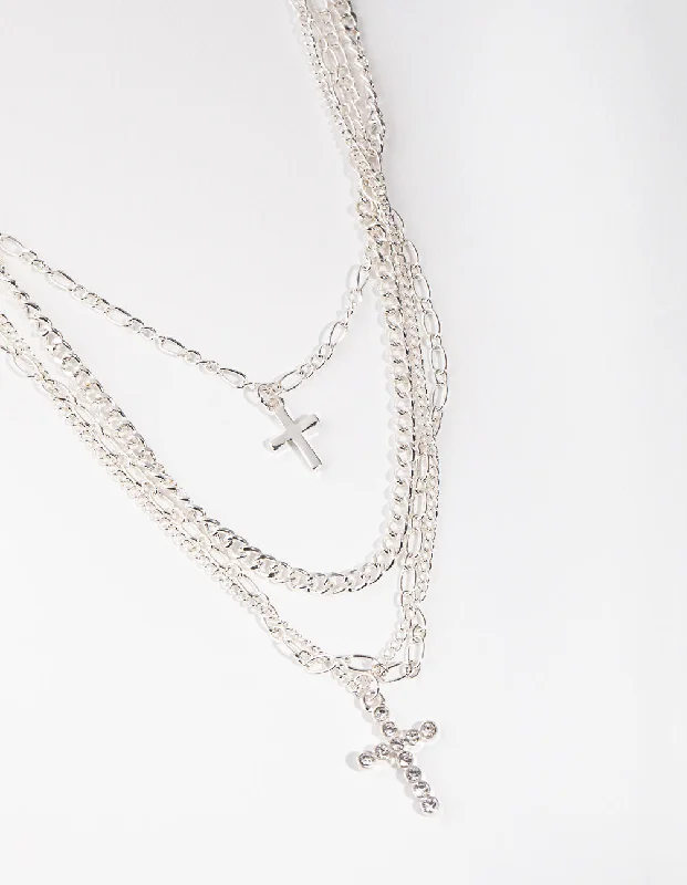 floral pendant necklace for women-Silver Mix Chain Cross 4-row Necklace