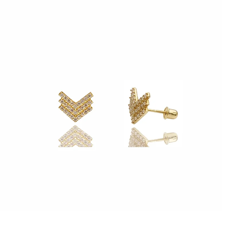 elegant earrings for women-Triple Chevron Pave CZ Stud Earrings (14K).