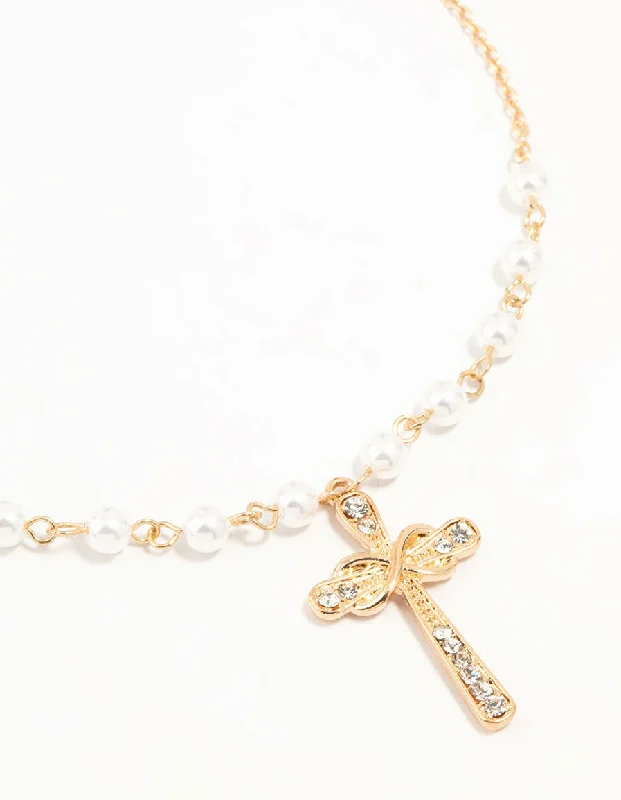 sterling silver necklace for women-Gold Pearl Cross Diamante Pendant Necklace