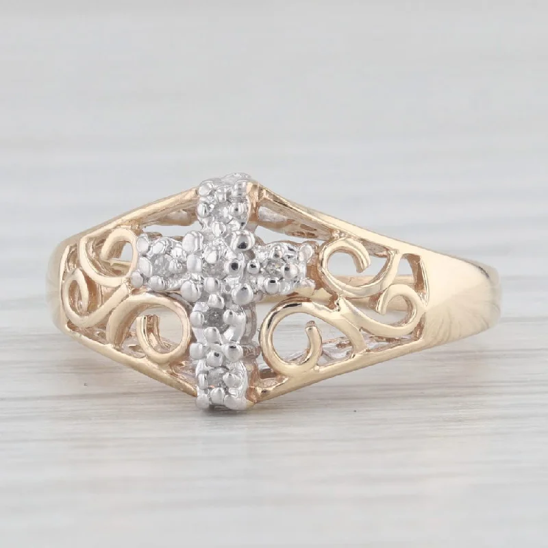 vintage solitaire engagement rings for women-Diamond Accented Cross Ring 10k Yellow Gold Size 5.25 Ornate Openwork