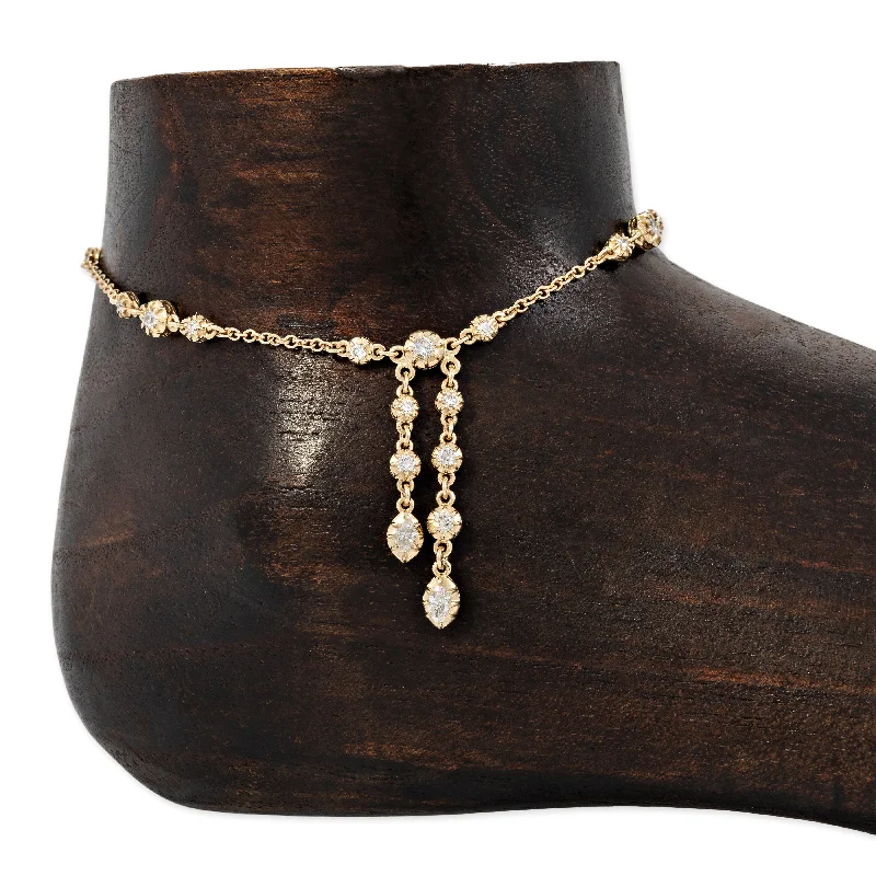 charm anklet for women-GRADUATED 3X4 SOPHIA DIAMOND + MARQUISE TASSEL SHAKER ANKLET