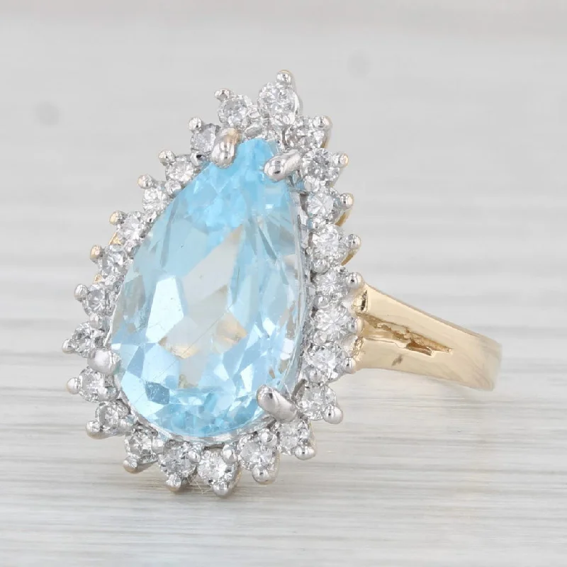 luxury diamond engagement rings for women-4.26ctw Pear Blue Topaz Diamond Halo Ring 14k Yellow Gold Size 7 Cocktail