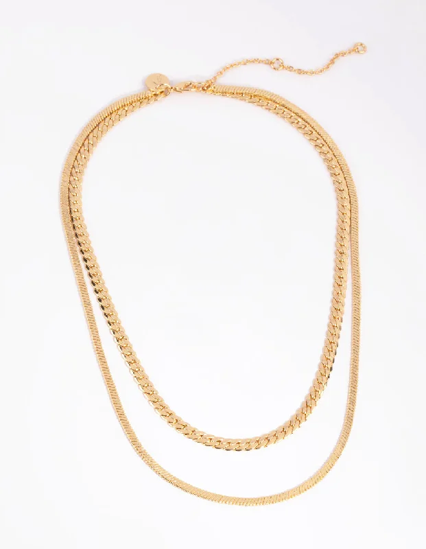 adjustable necklace for women-Gold Plated Herringbone & Snake Layered Necklace