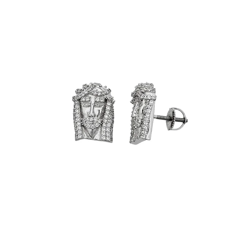 opal stud earrings for women-Jesus CZ Head Stud Earrings (Silver)