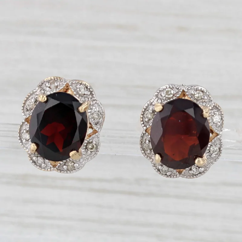 custom engagement rings with diamonds for women-6.92ctw Oval Garnet Diamond Halo Stud Earrings 14k Yellow White Gold