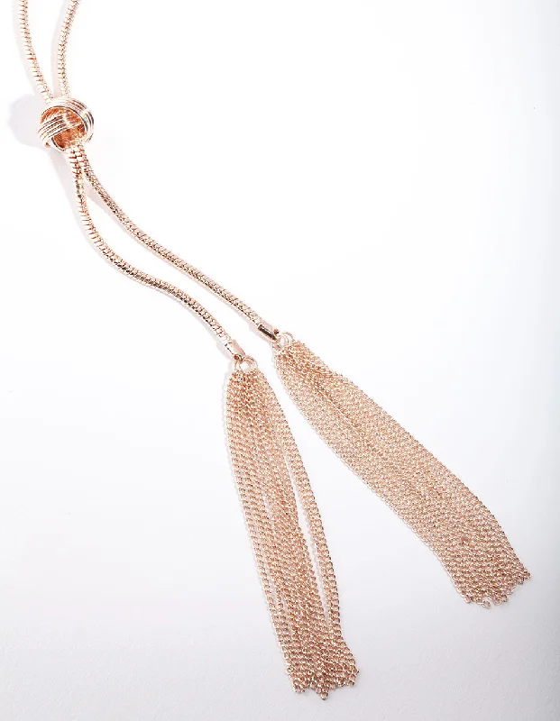 monogram necklace for women-Rose Gold Lariat Knot & Tassel Necklace