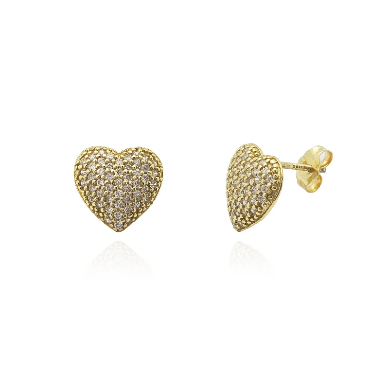 vintage stud earrings for women-Puffy Pave Heart Stud Earrings (Silver)