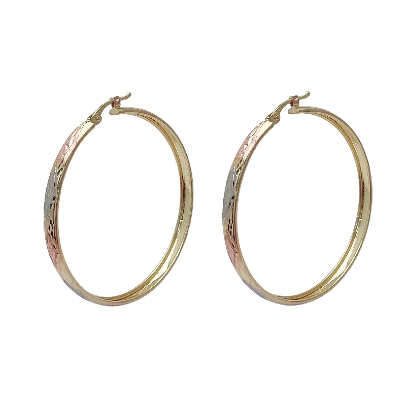 silver chandelier earrings for women-Tricolor Diamond-cuts Hoop Earrings (14K)