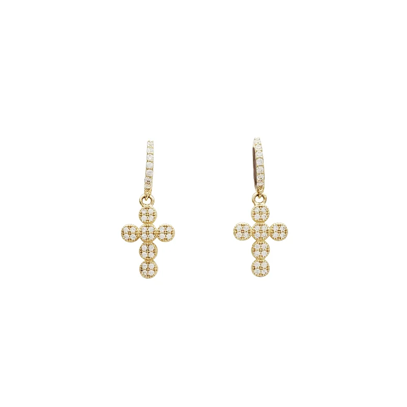 diamond earrings for women-Dangling Round Cross CZ Huggie Earrings (14K)