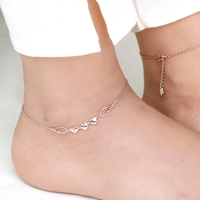 rose gold anklet for women-Rose Gold Triplet Heart & Wings Anklet