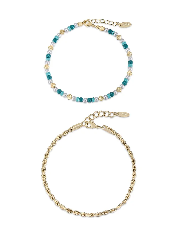 bridal anklet for women-Seaside Turquoise and Pearl Anklet Set