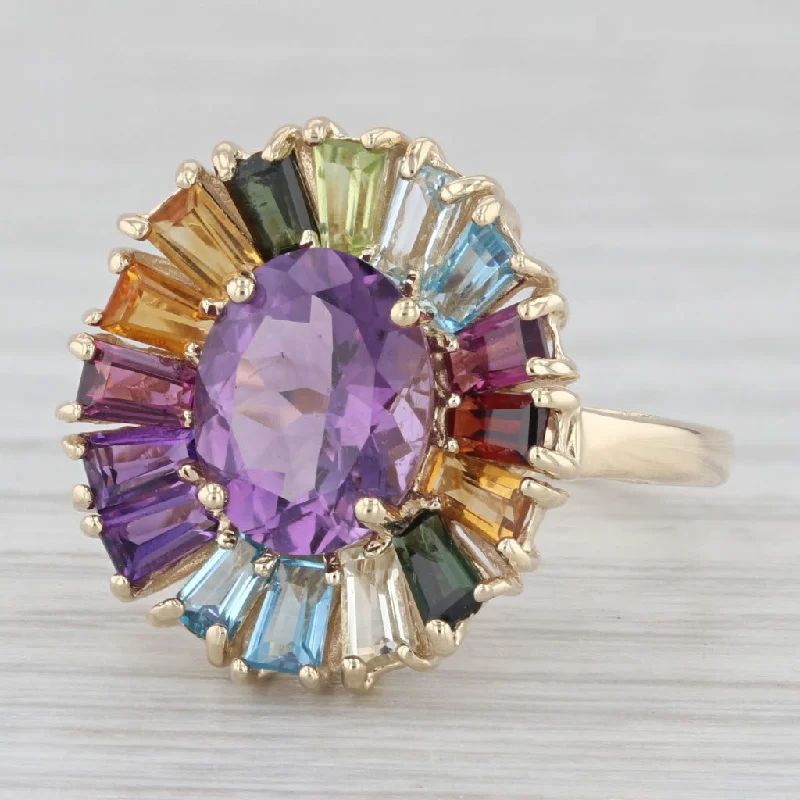 personalized engagement rings for women-Amethyst Multi Stone Rainbow Halo 10k Yellow Gold Size 8 Ring Cocktail