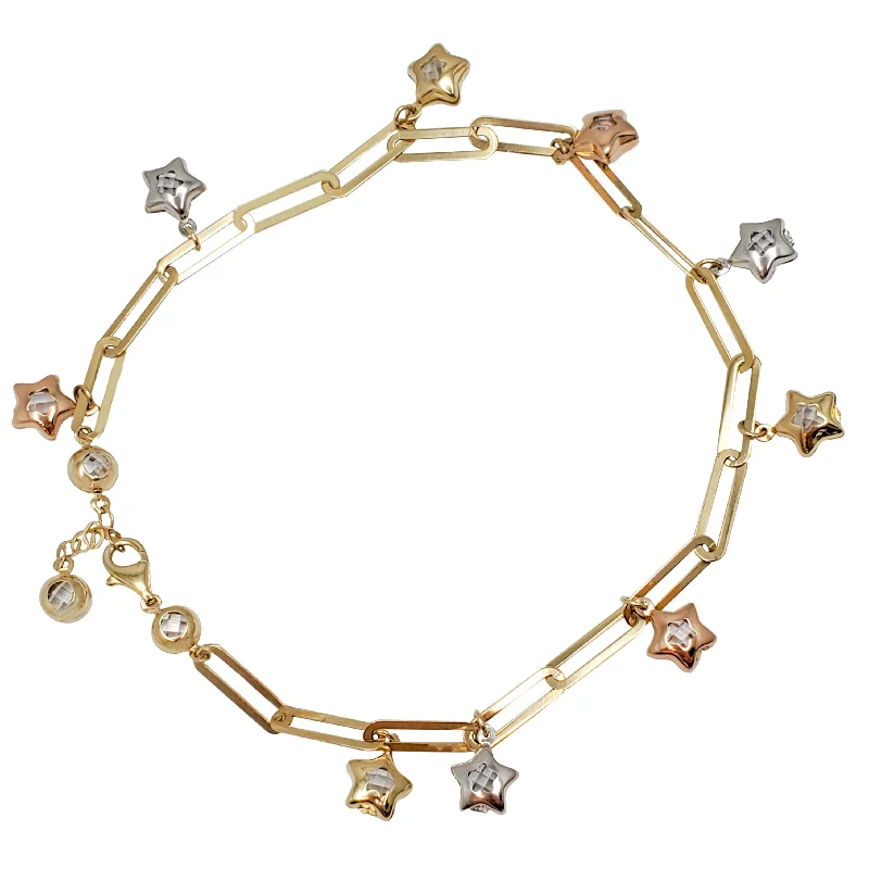 rose gold bracelet for women-Tri-Tone Star Charms Paper Clip Anklet (14K）