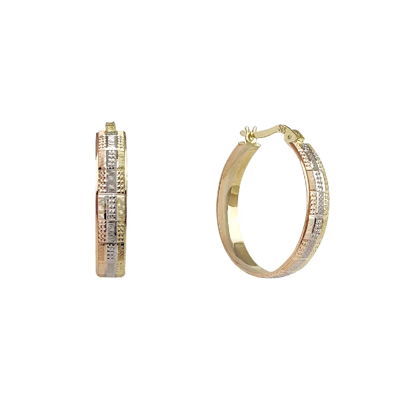 minimalist earrings for women-Tricolor Textured Diamond Cuts Hoop Earrings (14K)