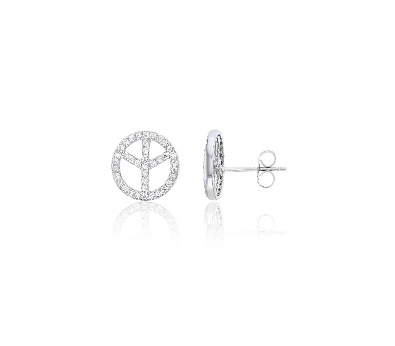 diamond earrings for women-Pave Peace Sign CZ Stud Earring (Silver)