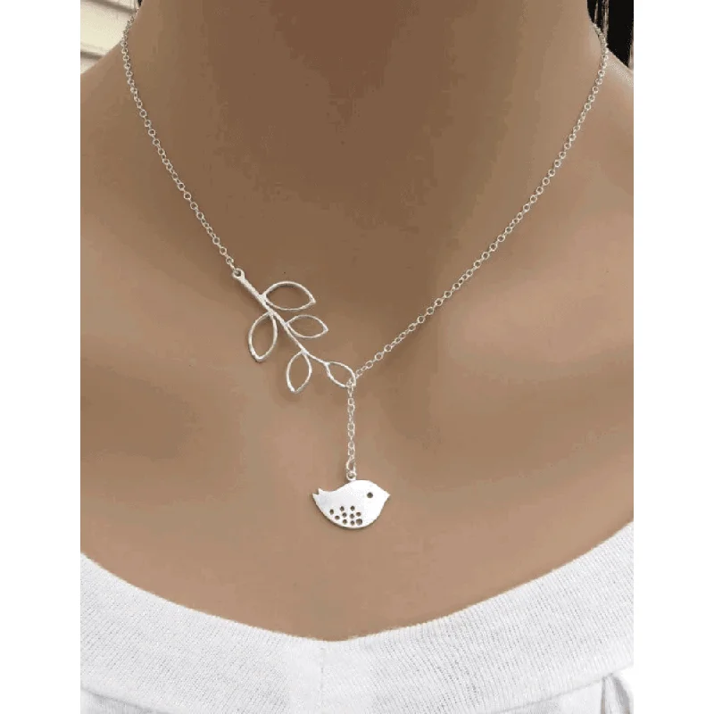 crystal necklace for women-White Dove with Olive Branch  Symbol Lariat Necklace