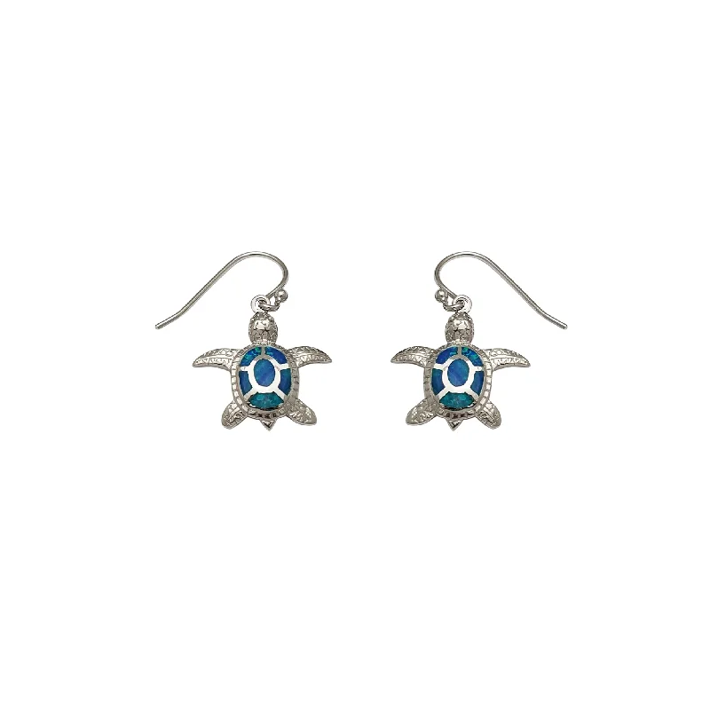 fashion earrings for women-Dangling Opal Sea Turtle Earrings (Silver)