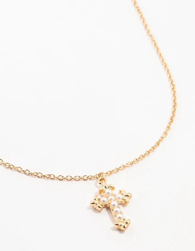 luxury gold necklace for women-Gold Pearl Cross Necklace