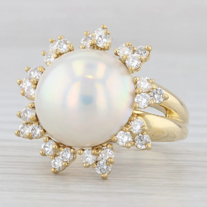 engagement rings with vintage designs for women-Kurt Wayne Mabe Pearl Diamond Halo Flower Cocktail Ring 18k Yellow Gold Sz 7.75