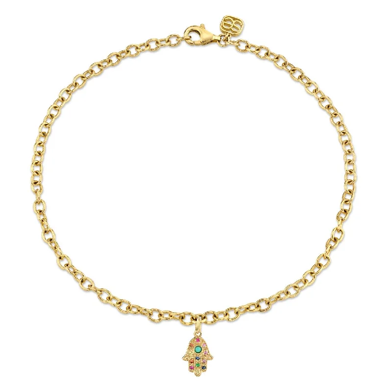 stretchy bracelet for women-Gold & Rainbow Hamsa Anklet