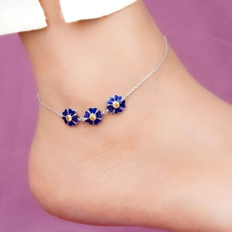 luxury gold bracelet for women-Silver Blue Enamel Floral Anklet