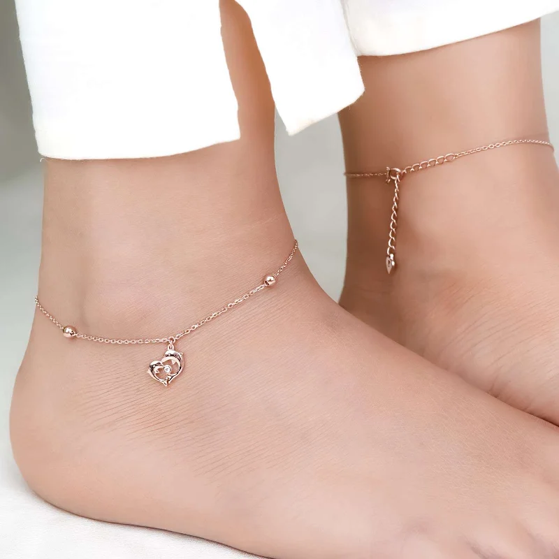 adjustable anklet for women-Rose Gold Dolphin Heart Love Anklet