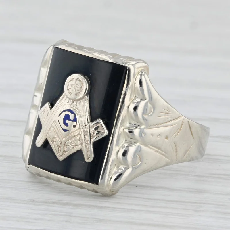 engagement rings with rubies for women-Onyx Masonic Signet Ring 14k White Gold Square Compass Blue Lodge Size 9.5