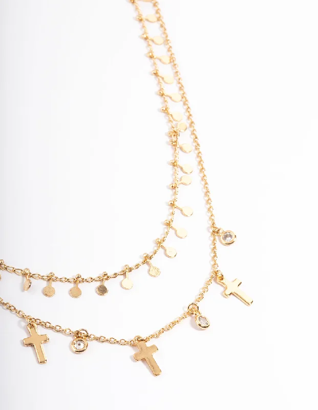 butterfly necklace for women-Gold Plated Disc & Cross Two Layered Necklace