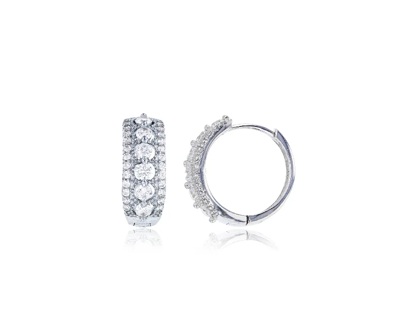 gemstone hoop earrings for women-Micropave White CZ Huggie Earrigs (Silver)