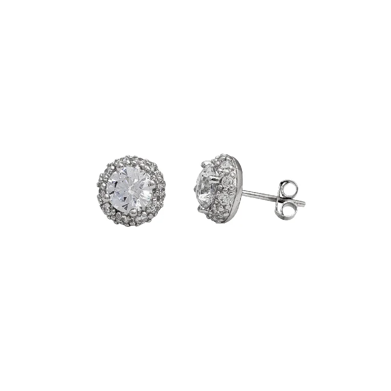 large earrings for women-Zirconia Round Cluster Stud Earrings (Silver)