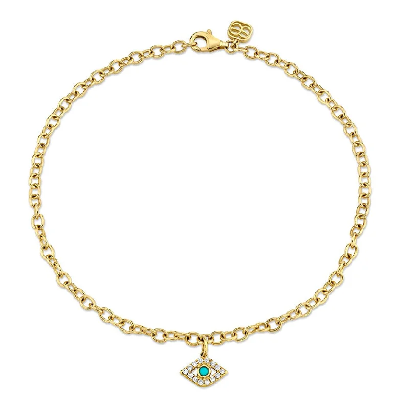 gemstone bracelet for women-Gold & Diamond Bezel Eye Anklet with Turquoise