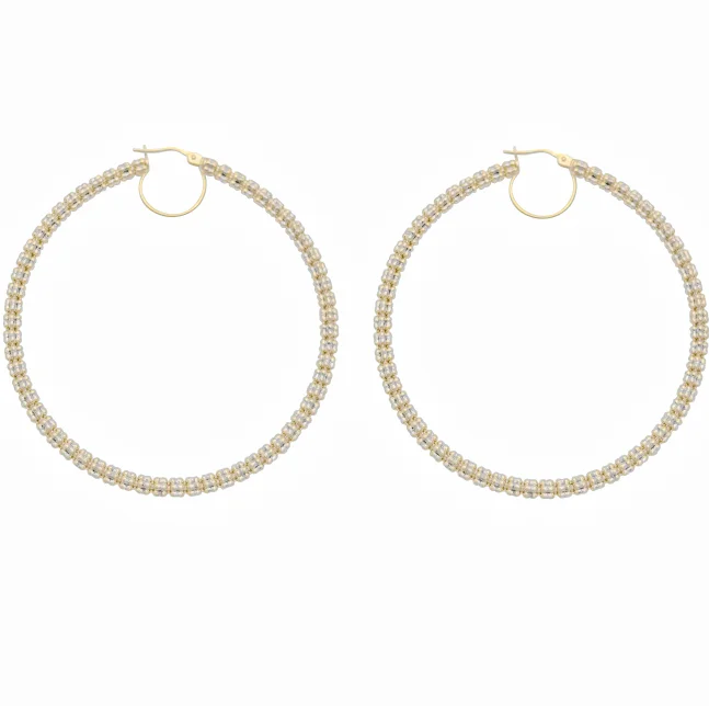 unique earrings for women-Two-Tone Iced Round Hoop Earring (14K)