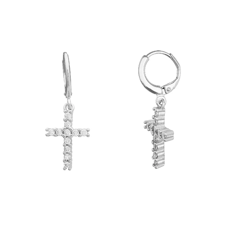 trendy earrings for women-Zirconia Cross Huggie Dangling Earrings (Silver)