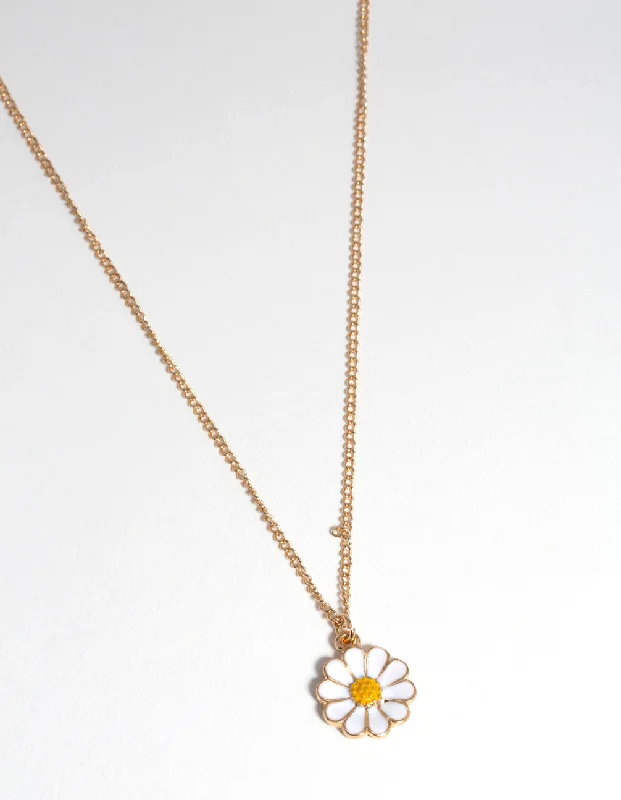 butterfly pendant necklace for women-Gold Enamel Daisy Drop Necklace