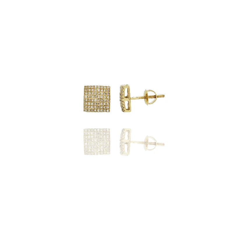 unique stud earrings for women-Yellow Gold Layered Icy Bling Square Screw Back Diamond Earrings (14K)